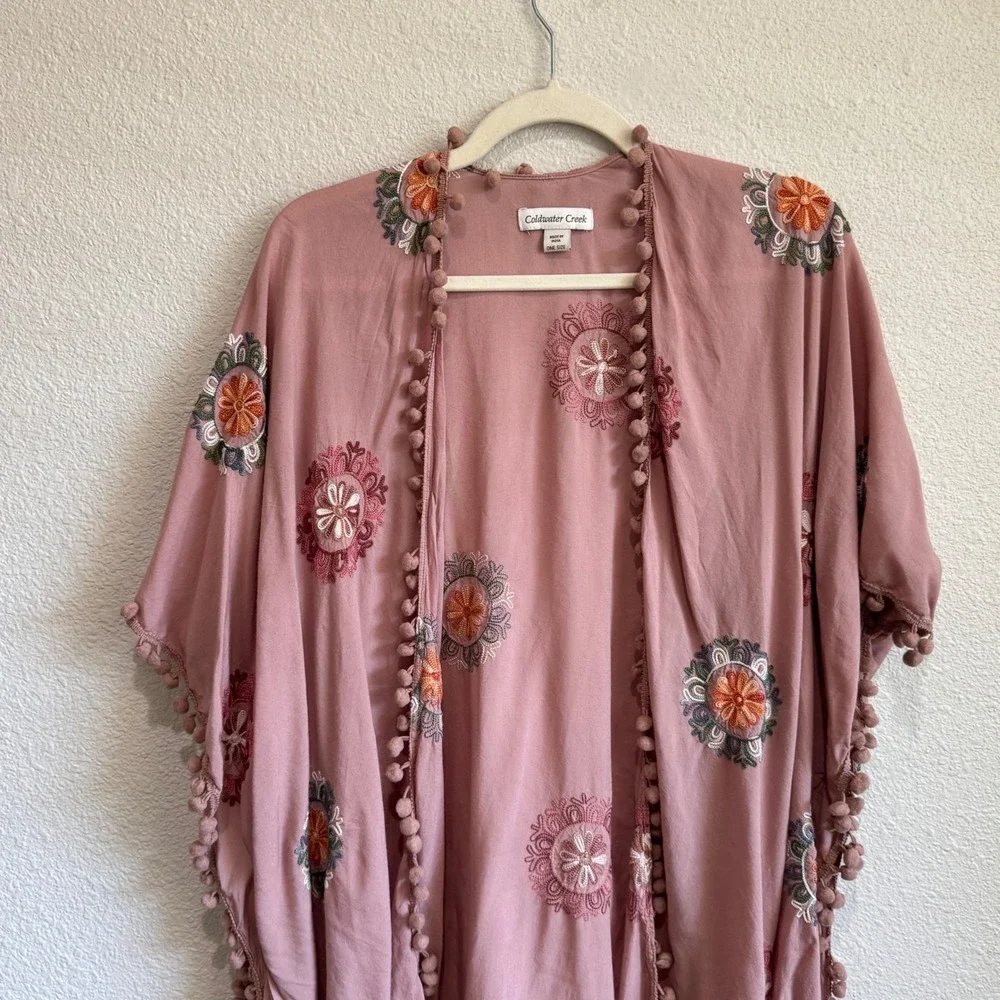 Coldwater Creek Womens Embroidered Mandala Pom Pom Kimono Wrap Cardigan One Size